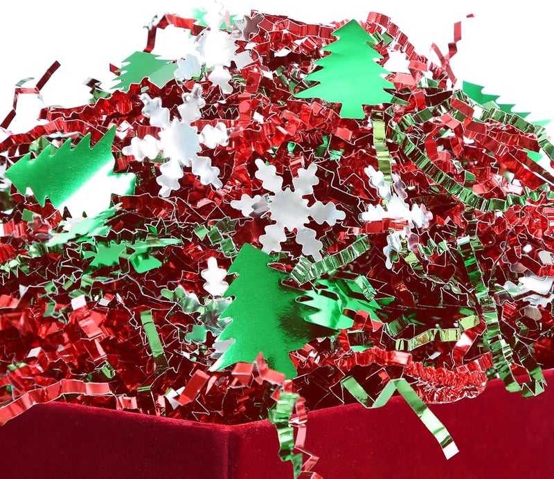 PAPER FAIR 1LB Metallic Red Green Christmas Crinkle Cut Paper Shred Filler w/Tree & Snowflake Confetti, Gift Wrap Packaging Raffia Tissue Strand, Craft Bedding Cushion, Winter Birthday Box Basket - Image 1
